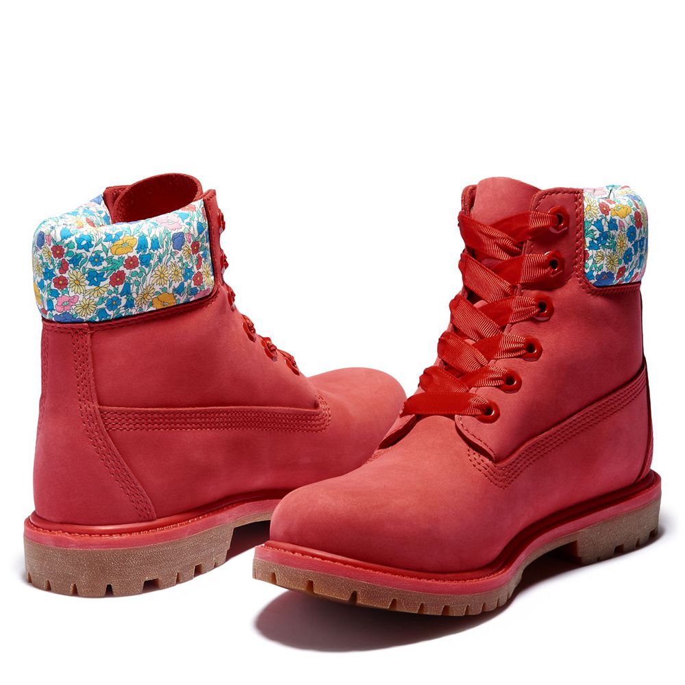 Timberland 6-Inch Μποτακια Γυναικεια Κοκκινα - Premium Waterproof Made With Liberty Fabric - Greece